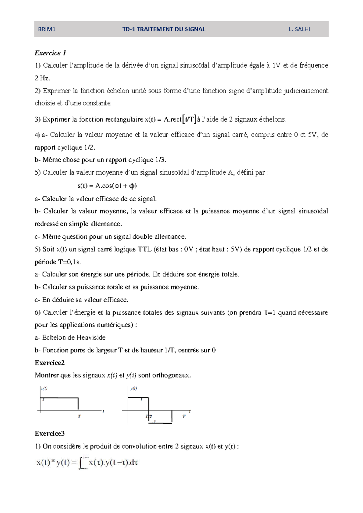 TD1 - Exercices de Traitement de Signal: Calculs et Convolutions - Studocu