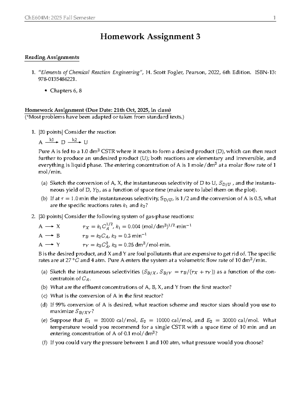 ChE604M: Fall 2025 Homework Assignment 3 - Chemical Reactions Analysis ...