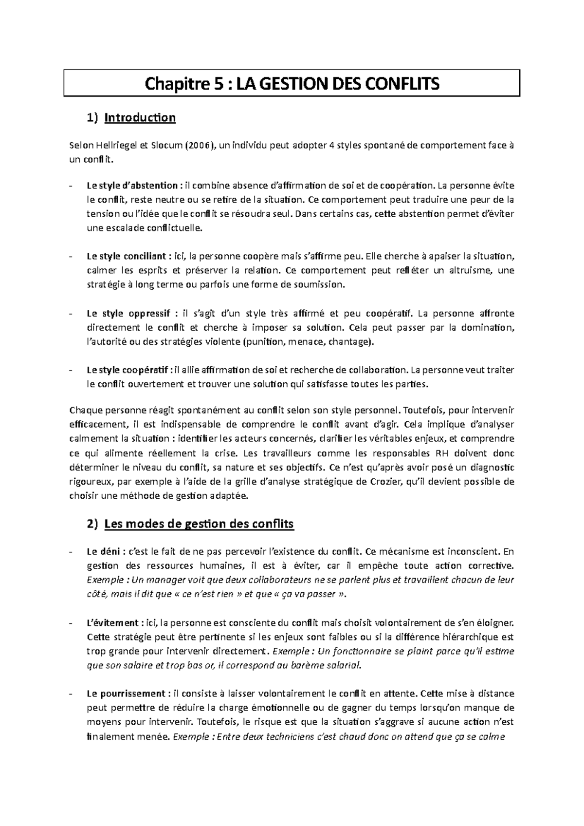 Chapitre 5 : Gestion des Conflits - Approches et Stratégies - Studocu
