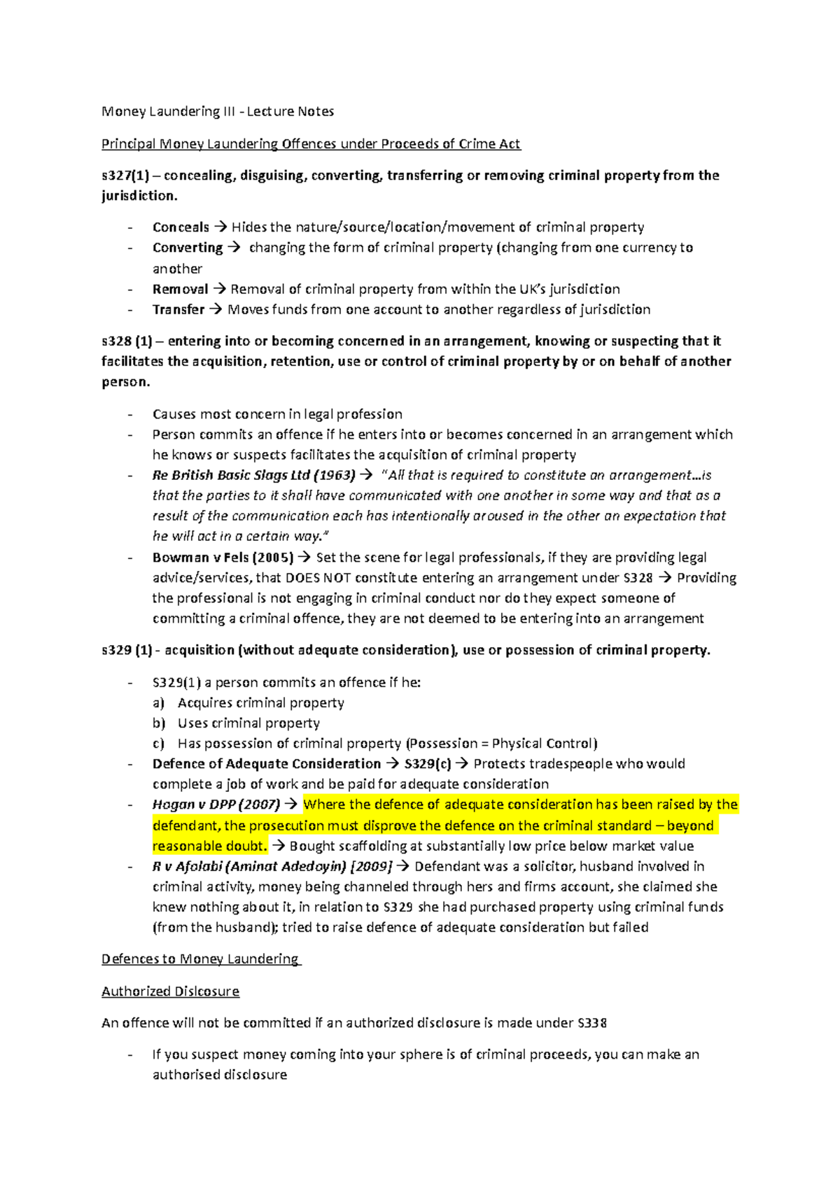Money Laundering III (FINC 302) Lecture Notes & Key Offences Summary ...