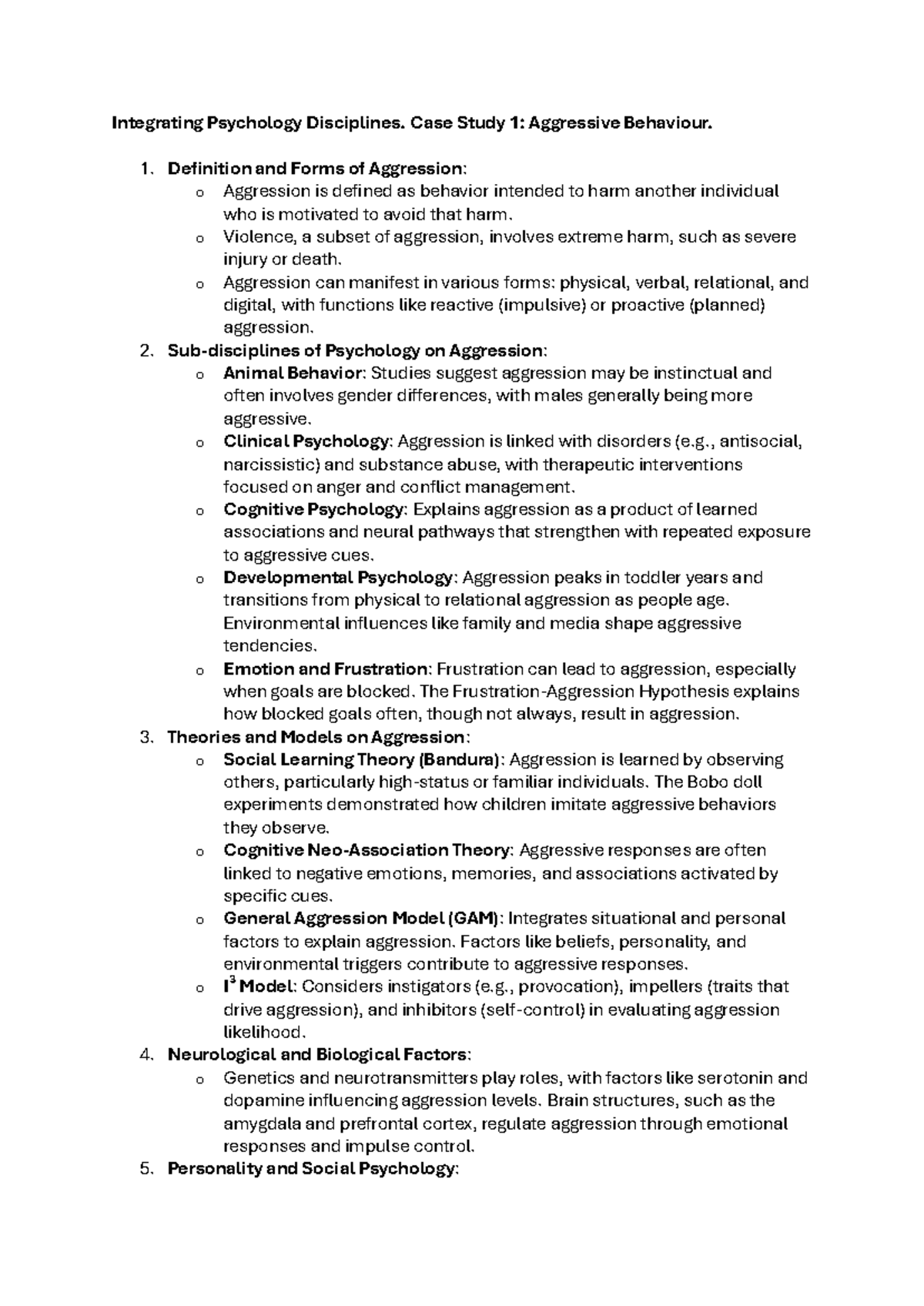 PSYX3399 WEEK 3 - Lecture Notes on Aggression in Psychology - Studocu