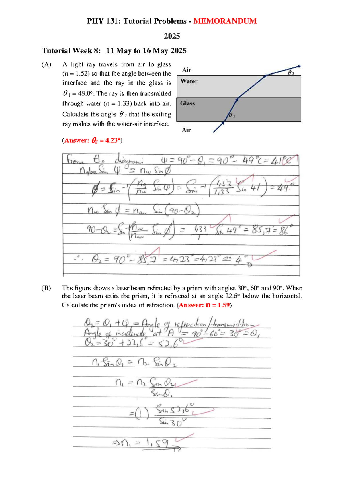 PHY 131: Tutorial Problems Memo for Week 8 (11-16 May 2025) - Studocu