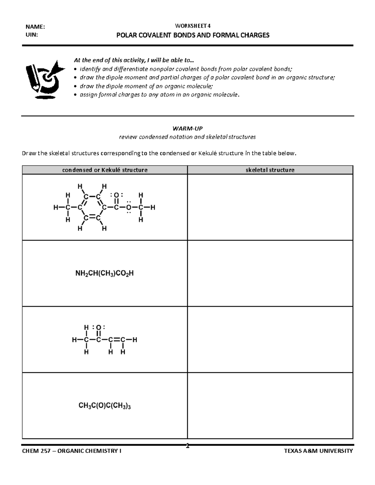 CHEM 257 - Worksheet 4: Polar Covalent Bonds & Formal Charges - Studocu