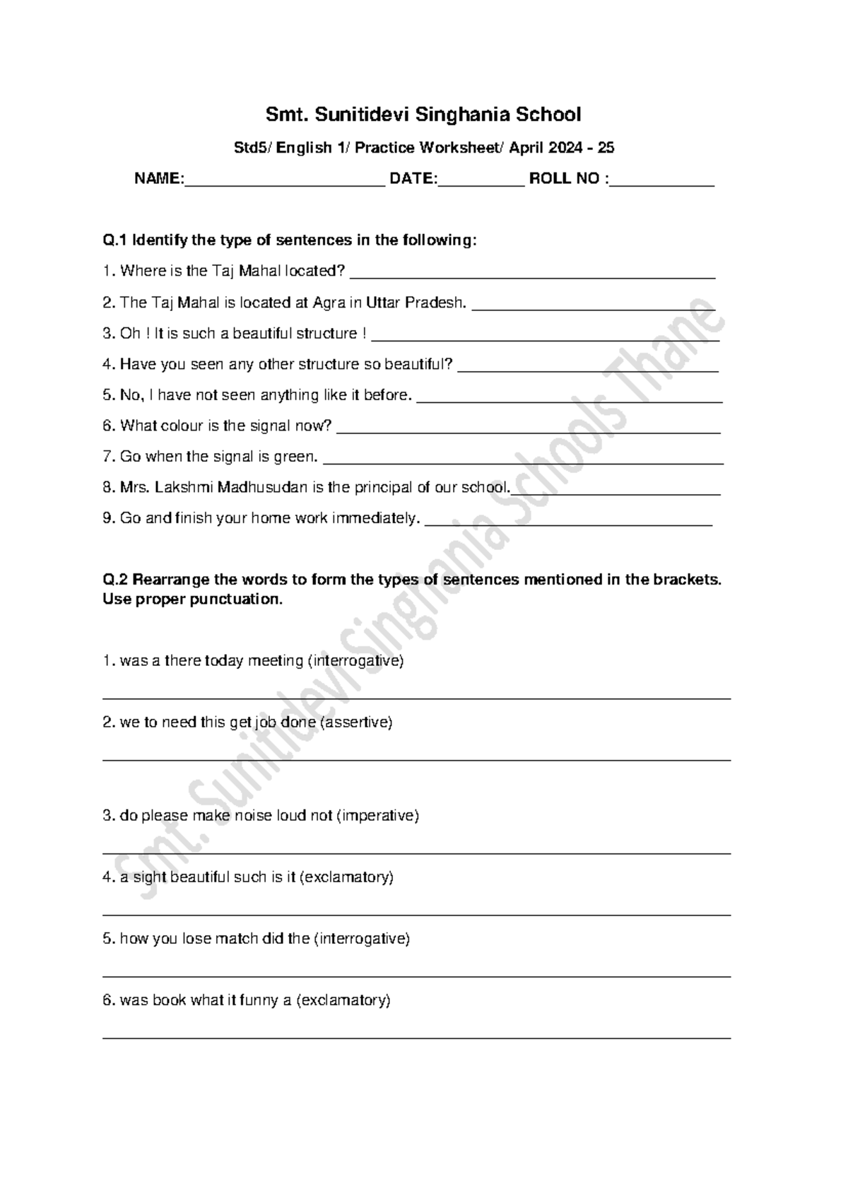 ENG 1 PWS 1 - gnhgnhg - Smt. Sunitidevi Singhania School Std5/ English ...