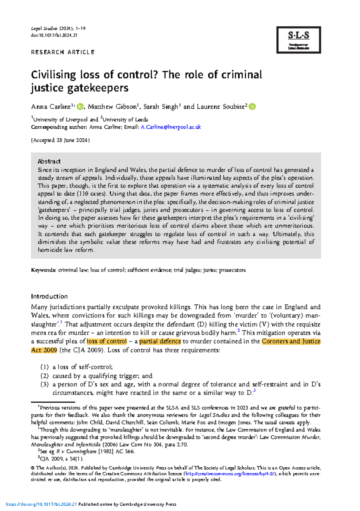 Legal Studies (2024) - Civilising Loss of Control? Analyzing Criminal ...