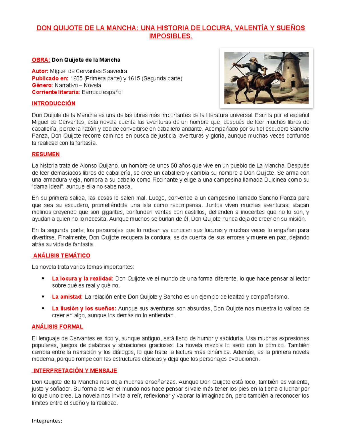 ANÁLISIS Y REFLEXIONES SOBRE DON QUIJOTE DE LA MANCHA (LIT 101) - Studocu