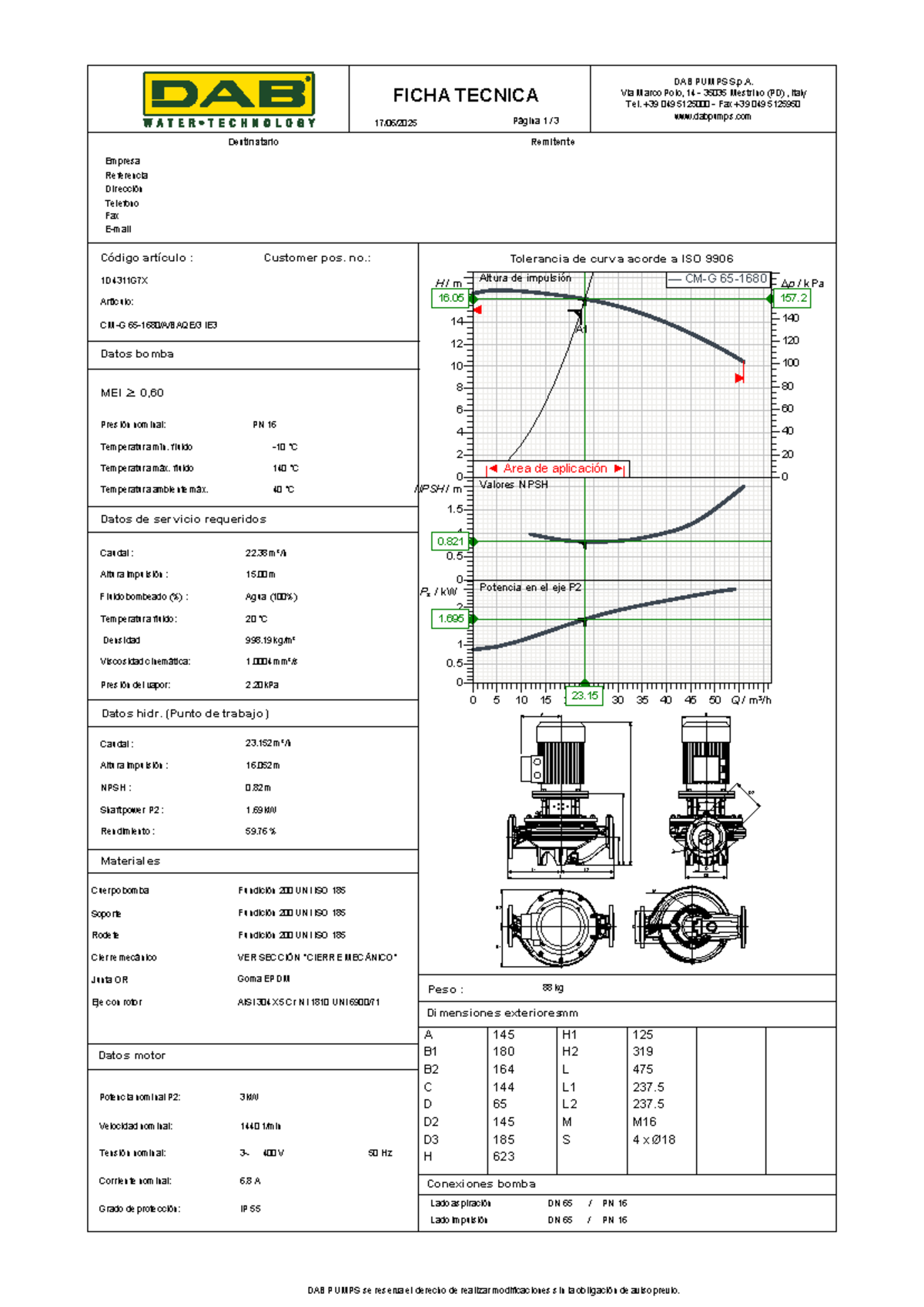 DAB PUMPS Technical Data Sheet - Model CM-G 65-1680 A BAQE 3 IE3 - Studocu