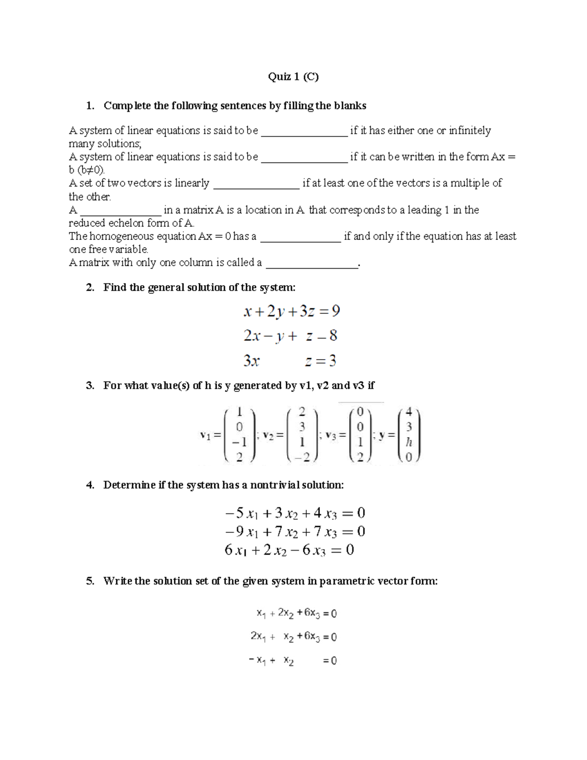 Quiz 1 (C): Linear Equations and Vector Solutions - Studocu
