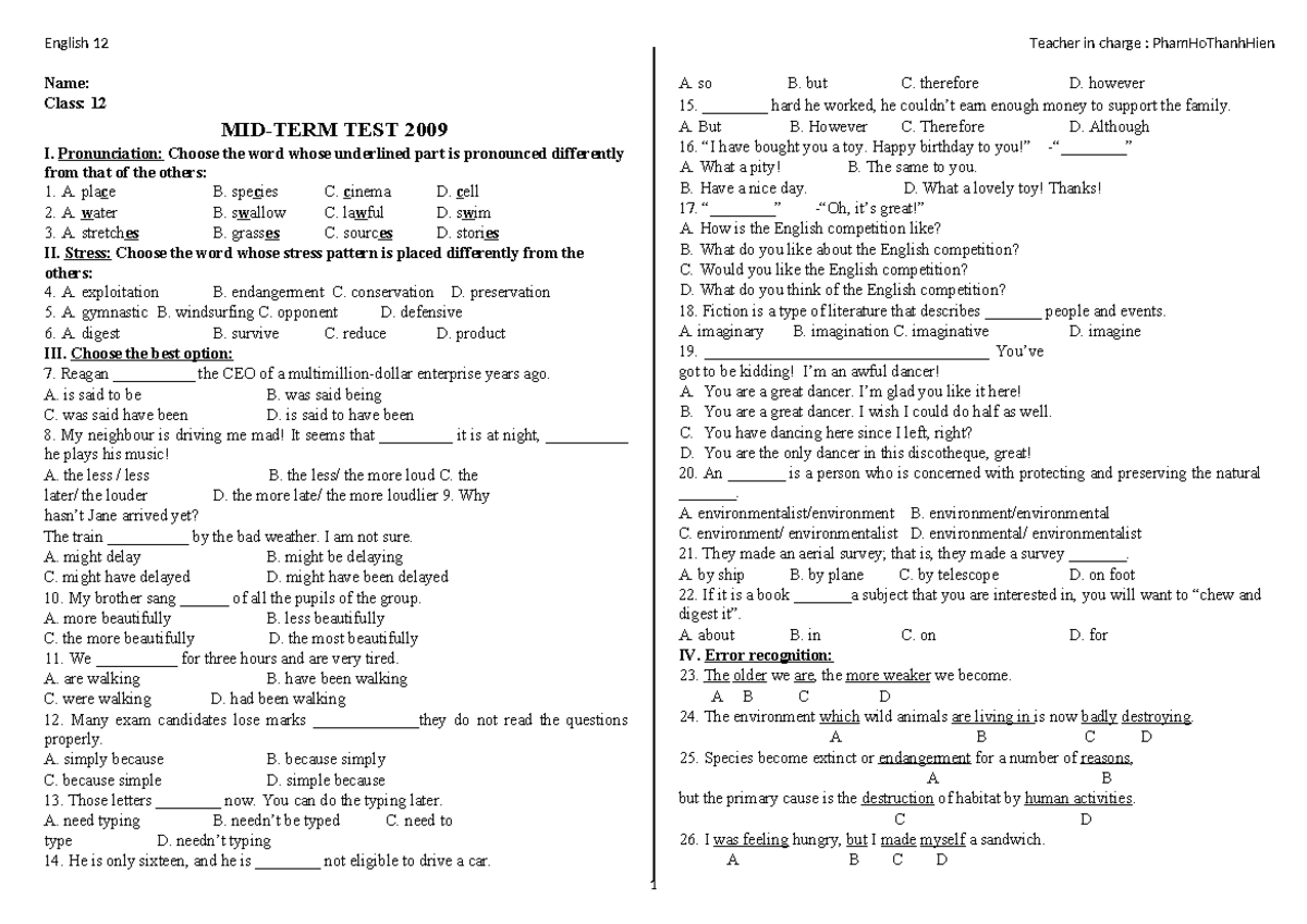 Midterm Test 2009-2010 for 12th Grade English Class - Studocu
