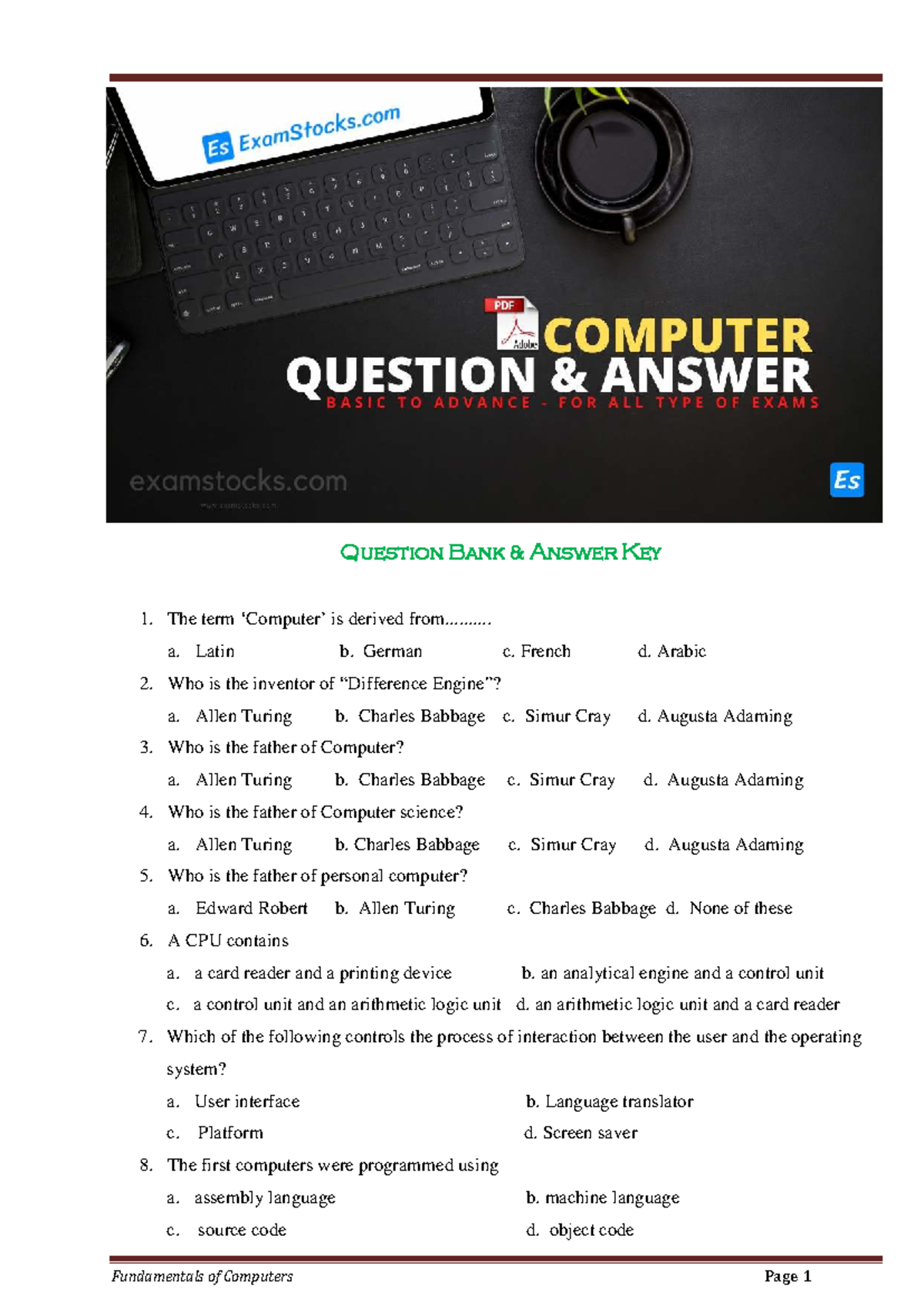 FUNDAMENTALS OF COMPUTERS Question Bank - Answer Key PDF-1 - Studocu