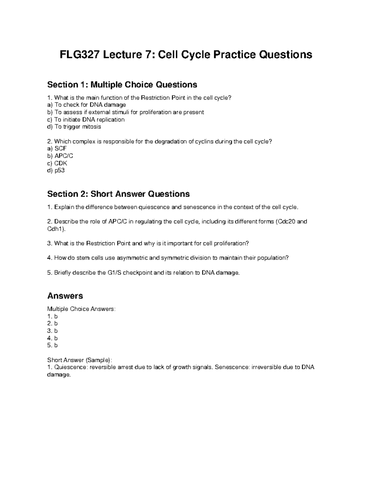 FLG327 Lecture 7: Cell Cycle Practice Questions & Answers - Studocu