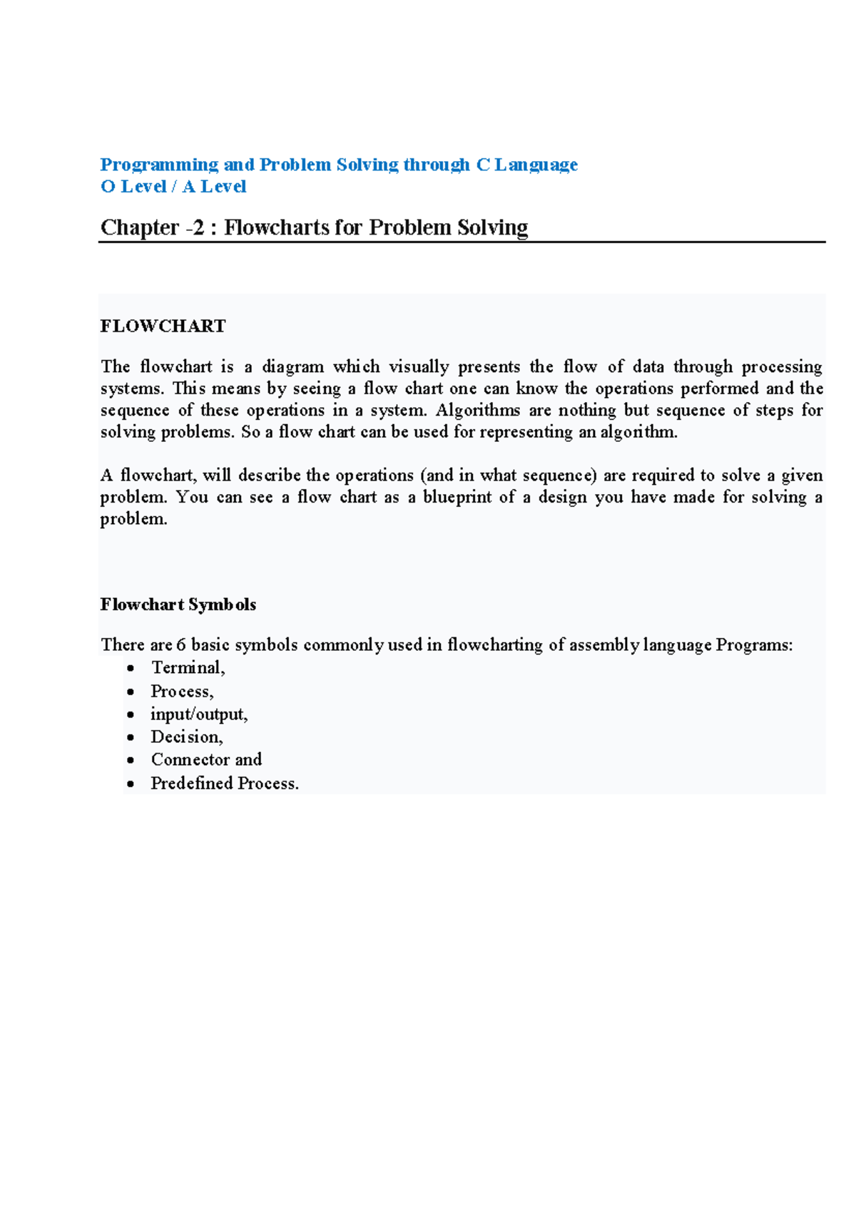 O Level A Level Chapter: Flowcharts for Problem Solving in C - Studocu