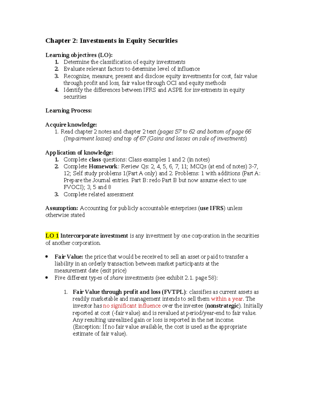 Chapter 2: Summary Notes on Equity Securities Investments (ACCT 101 ...