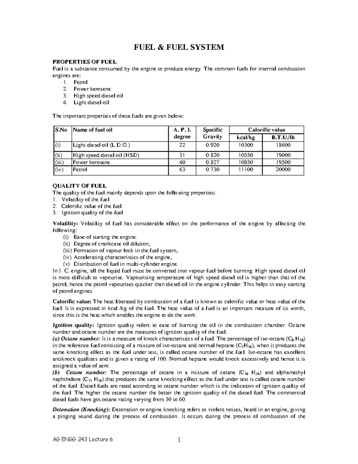 Lecture 6 Fuel System - Document - FUEL & FUEL SYSTEM PROPERTIES OF ...
