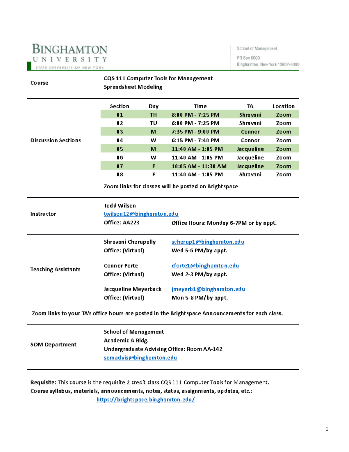 CQS 111 Course Syllabus - Computer Tools for Management, Fall 2023 ...