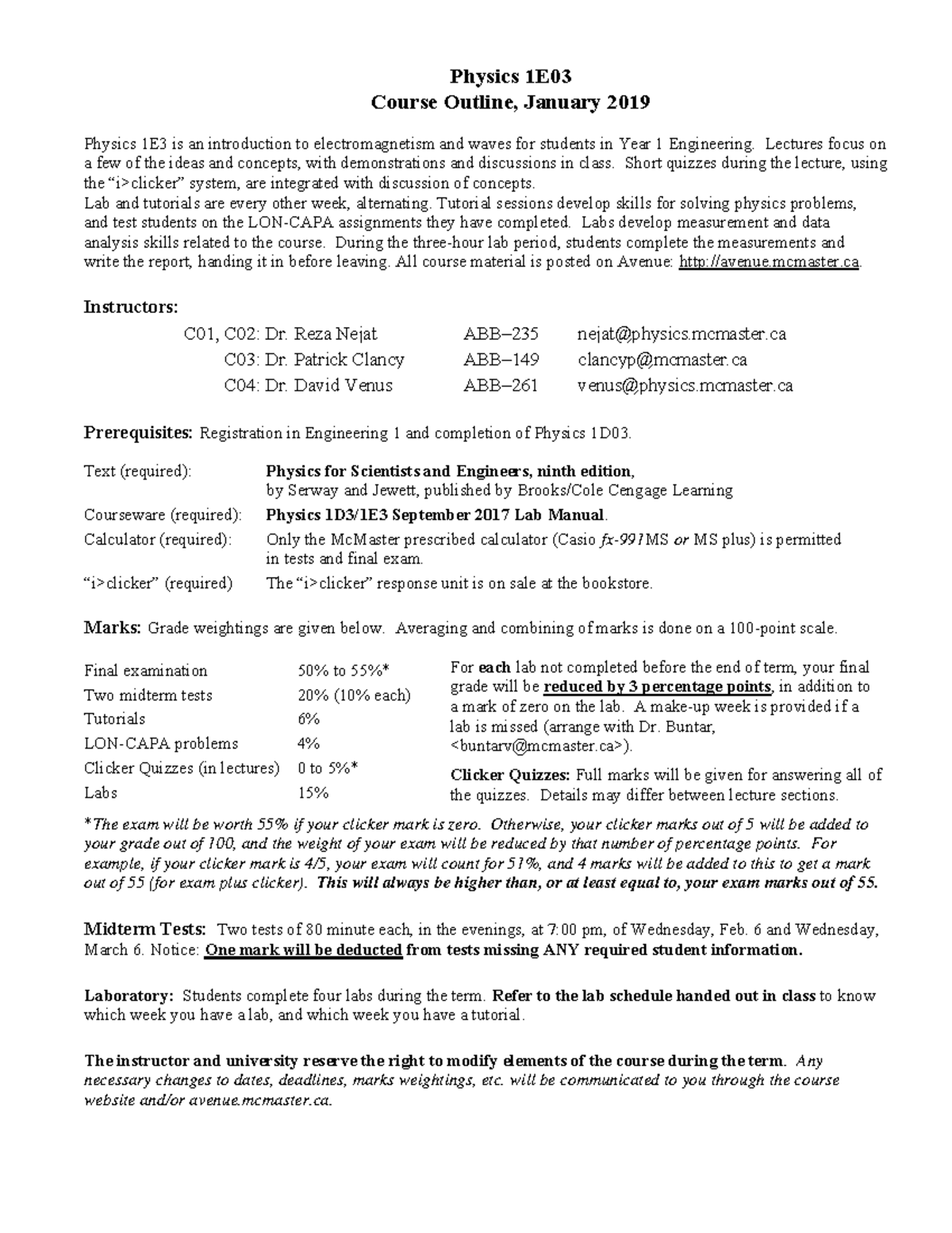Physics 1E03 Course Outline and Important Dates - January 2019 - Studocu