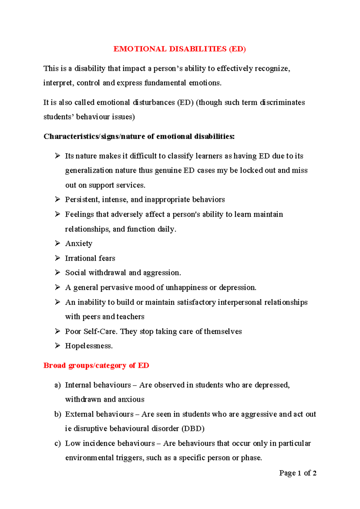Emotional Disabilities (ED): Understanding Impact and Behaviors - Studocu