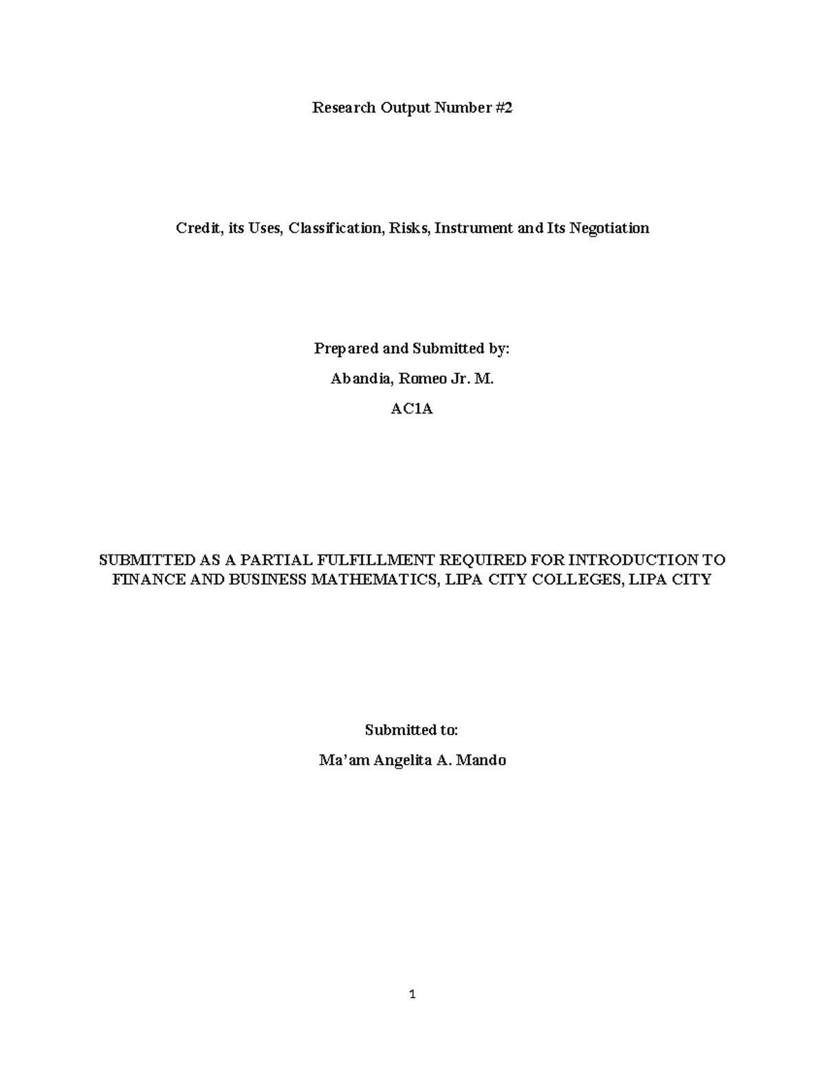 Research Output #2: Credit Overview, Uses, Risks, and Management in ...