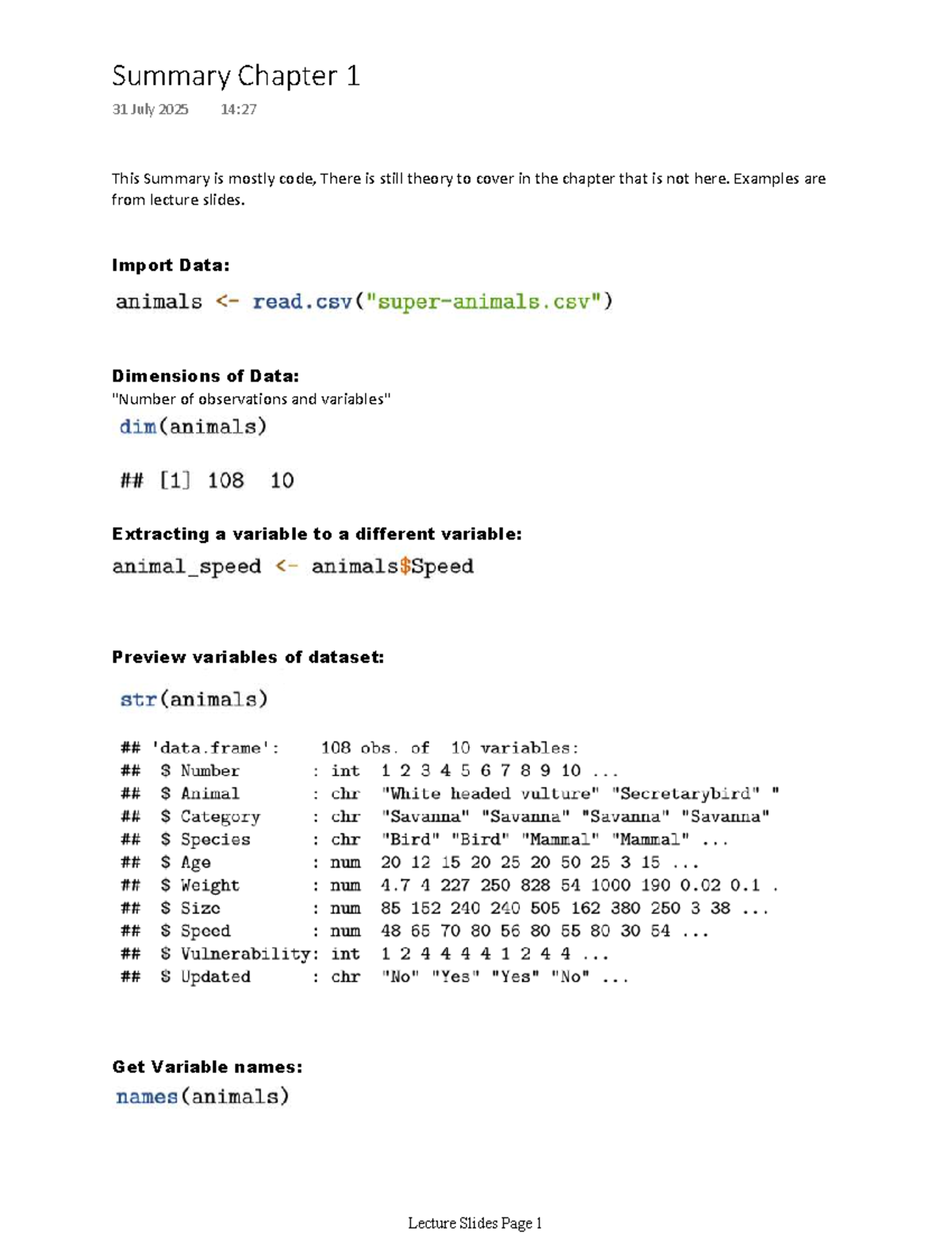 Code Summary for Theme 1, Chapter 1 (Hello Data) - Lecture Notes - Studocu