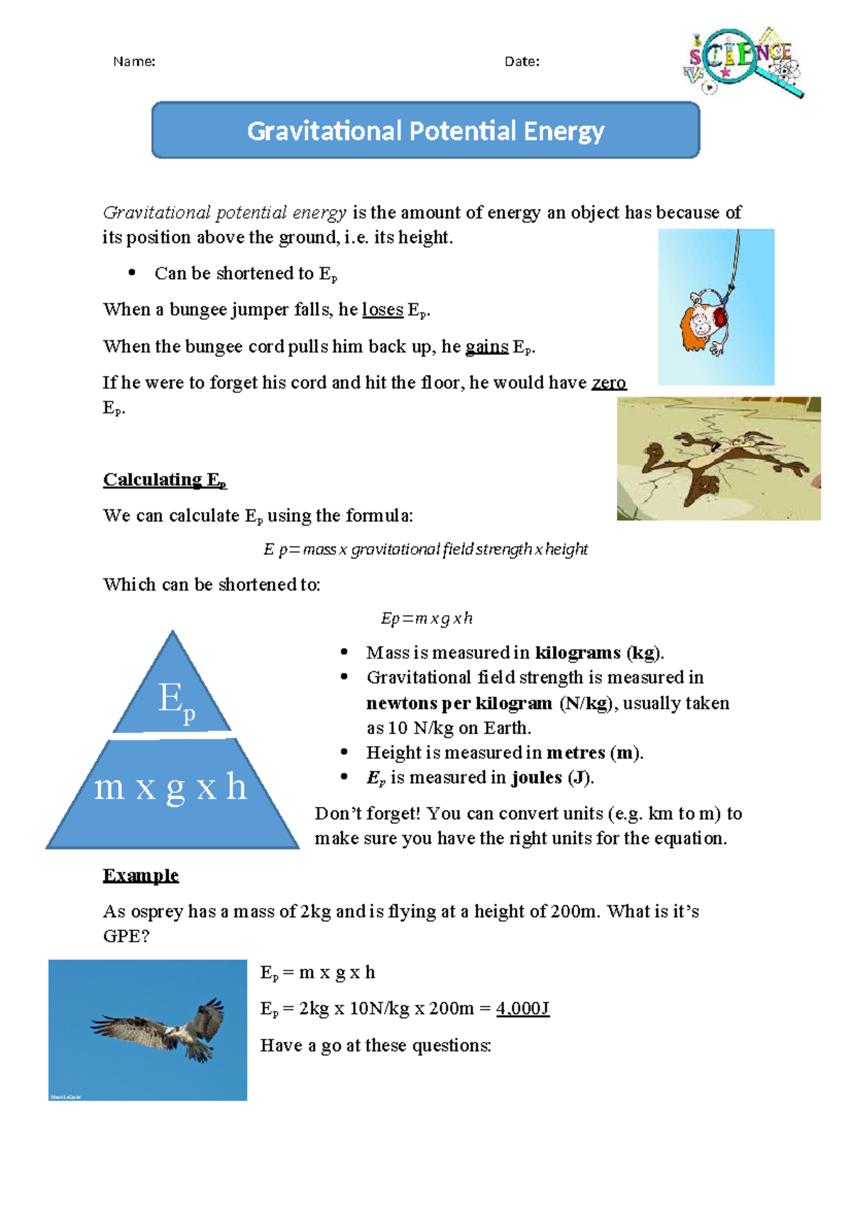 GPE-Worksheet: Gravitational Potential Energy Calculations - Studocu