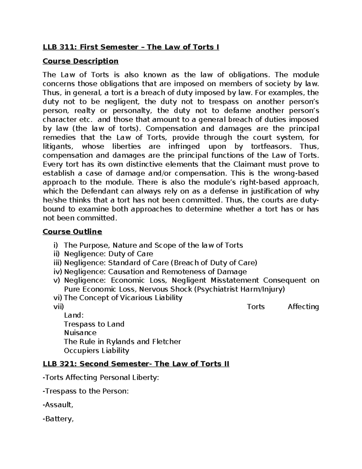 LLB 311: The Law of Torts I - Course Overview and Key Concepts - Studocu