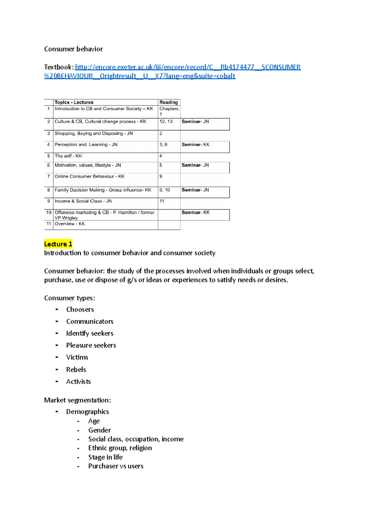 Lecture Notes on Consumer Behavior (Course Code: CONSUMER) - Studocu