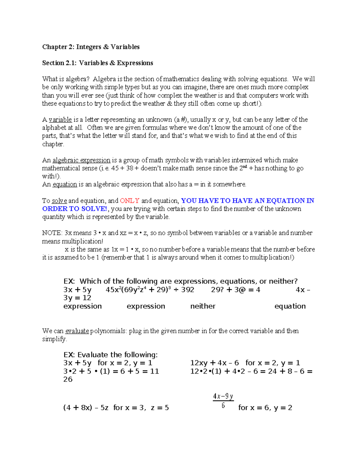 101 Chapter 2: Understanding Integers and Variables in Algebra - Studocu