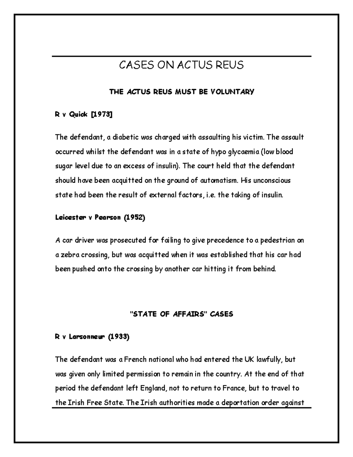 CASES ON ACTUS REUS AND MENS REA: LEGAL ANALYSIS - Studocu