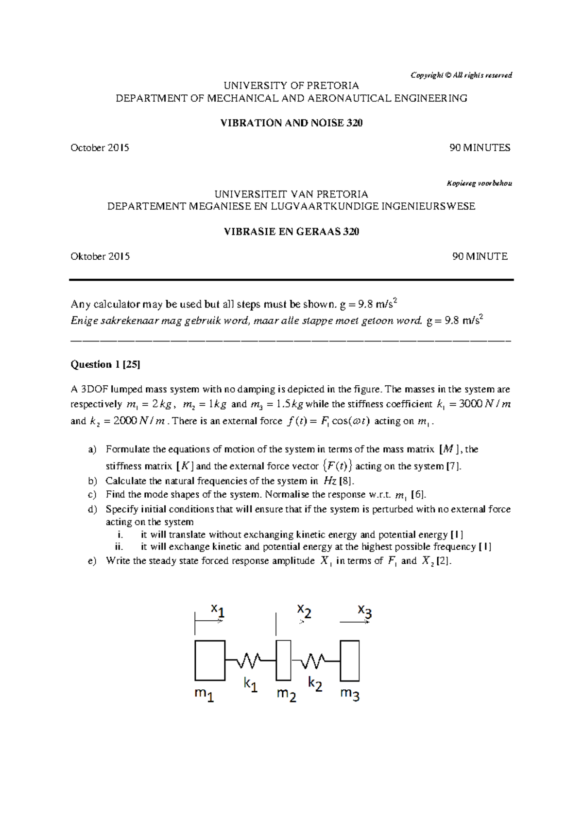 2015 - MVR 320 - Vibration and Noise Semester Test 2 Memo - Studocu