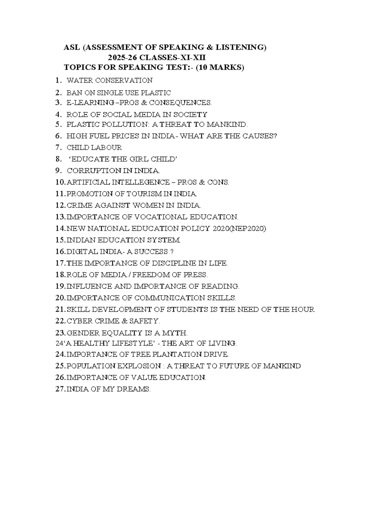 ASL (ASSESSMENT OF SPEAKING LISTENING) TOPICS FOR SPEAKING (10 MARKS ...
