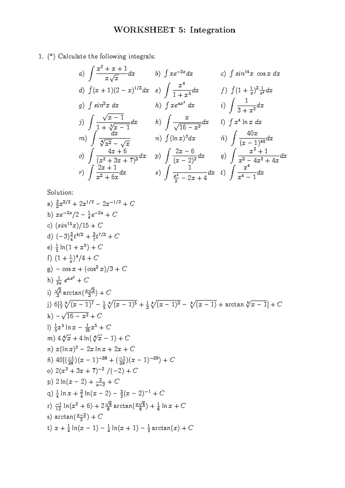 Worksheet 5: Integration Practice Solutions (Sosoluciones) - Studocu