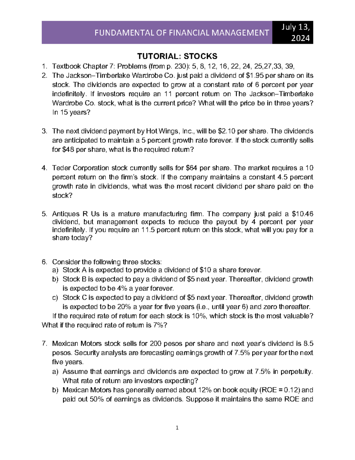 Tutorial 3 - FUNDAMENTAL OF FINANCIAL MANAGEMENT July 13, 2024 1 ...