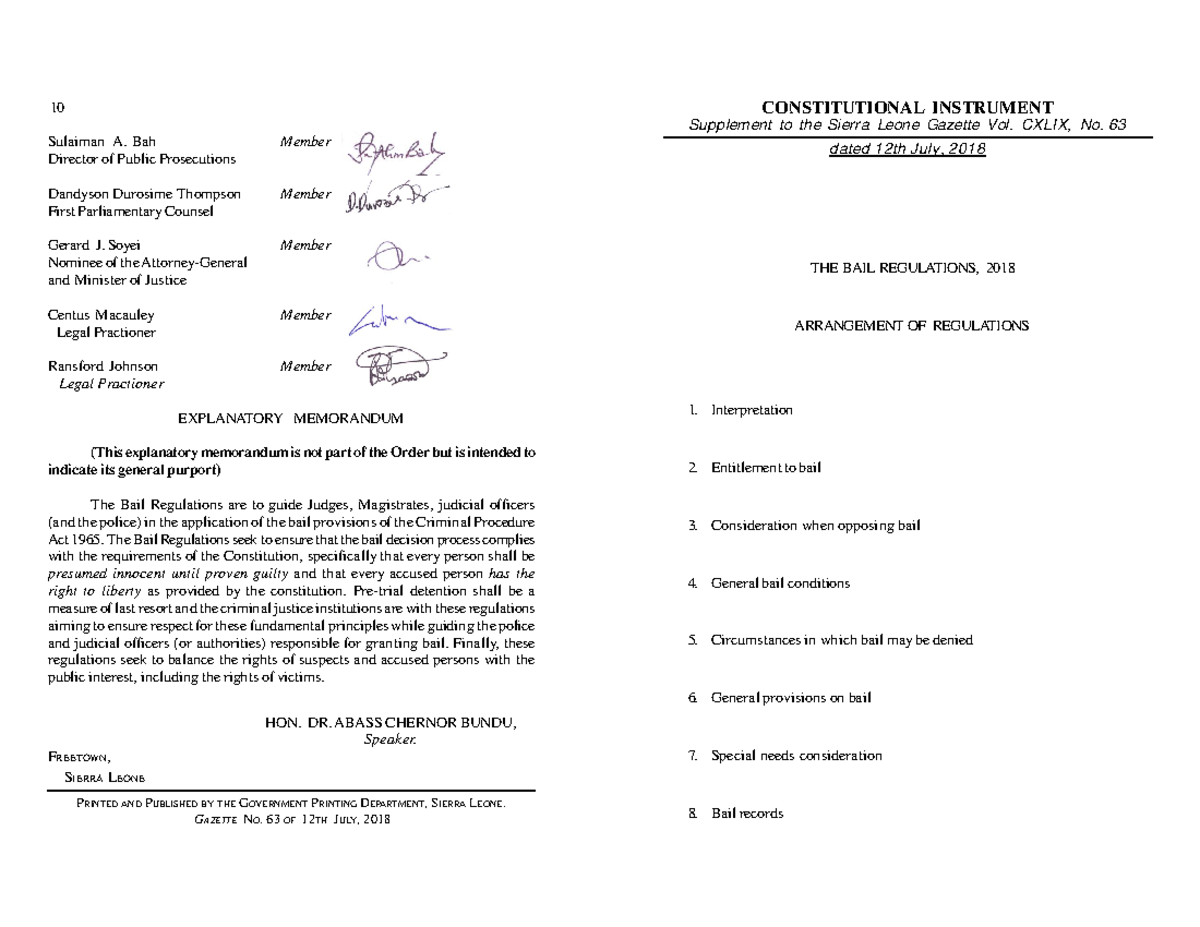 2018 Bail Regulation Statutory Instrument: A Guide for Legal ...