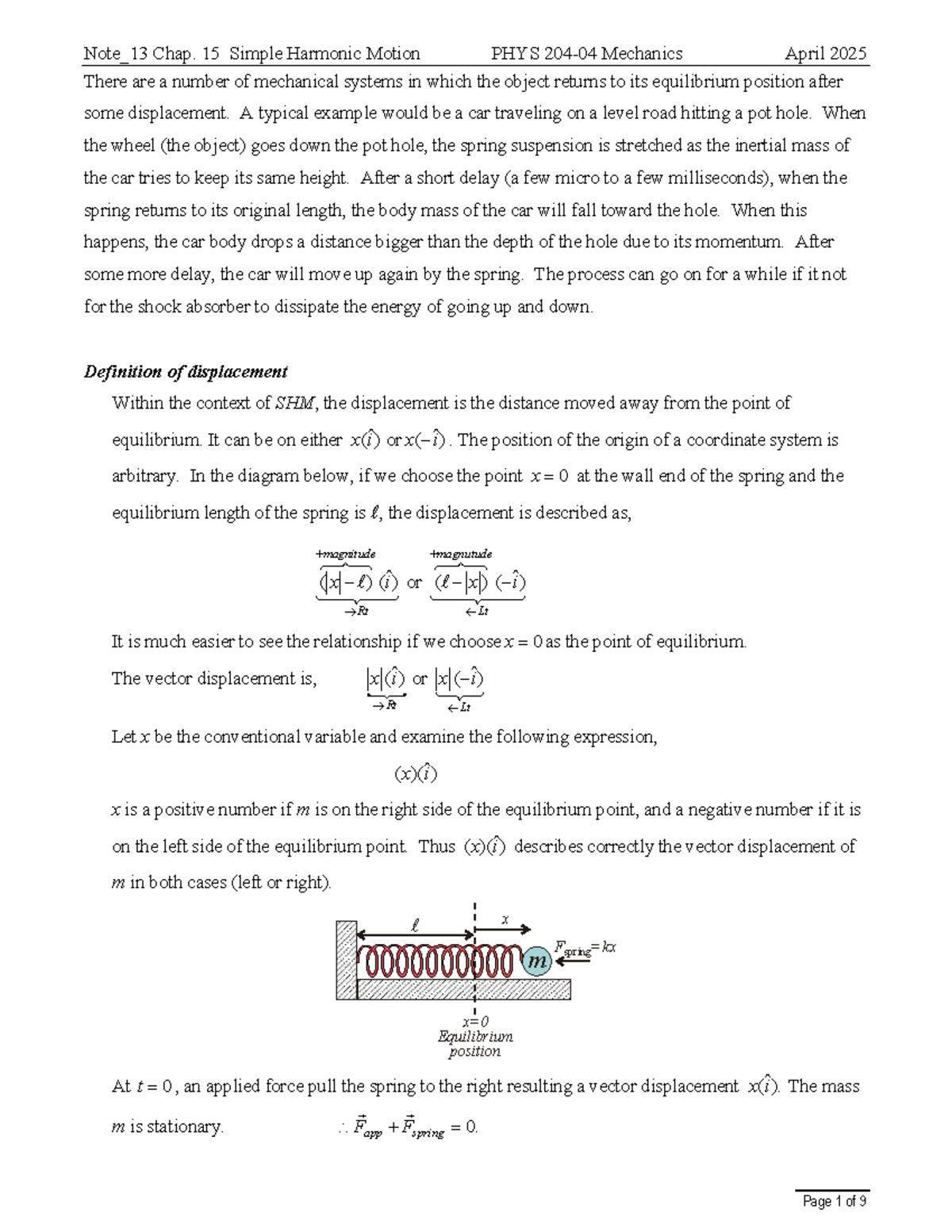 Note_13 Chap. 15 Simple Harmonic Motion PHYS Mechanics April 2025 - Studocu