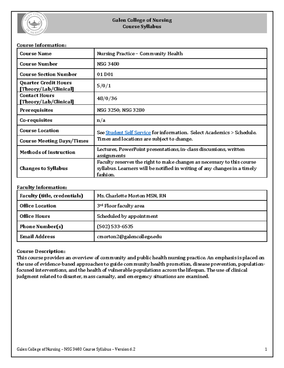 NSG 3480 Syllabus Spring+23 Version 6-2-1 - Galen College of Nursing ...