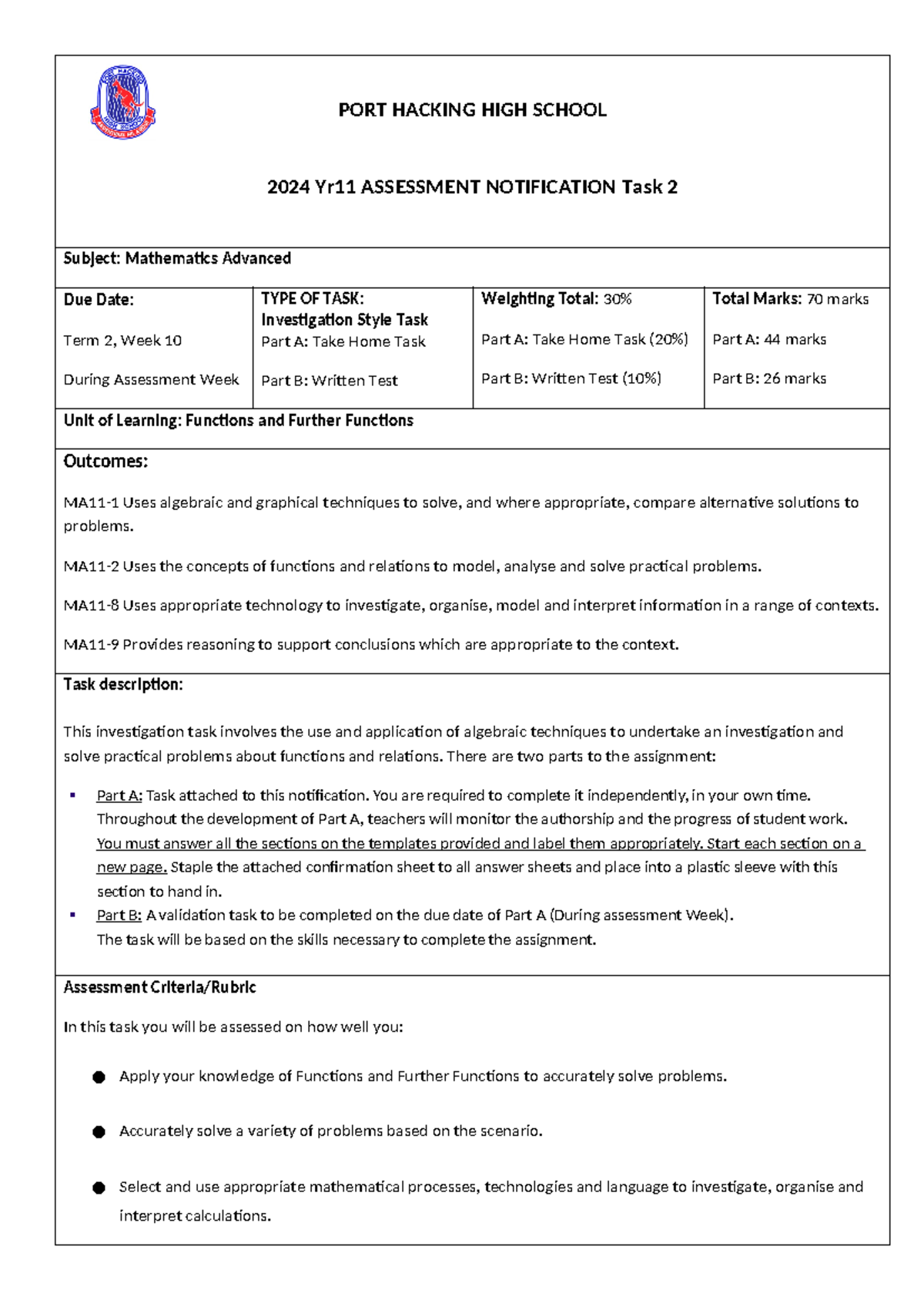 Year 11 Adv Assessment Task Notice Task 2 2024 Final - PORT HACKING ...