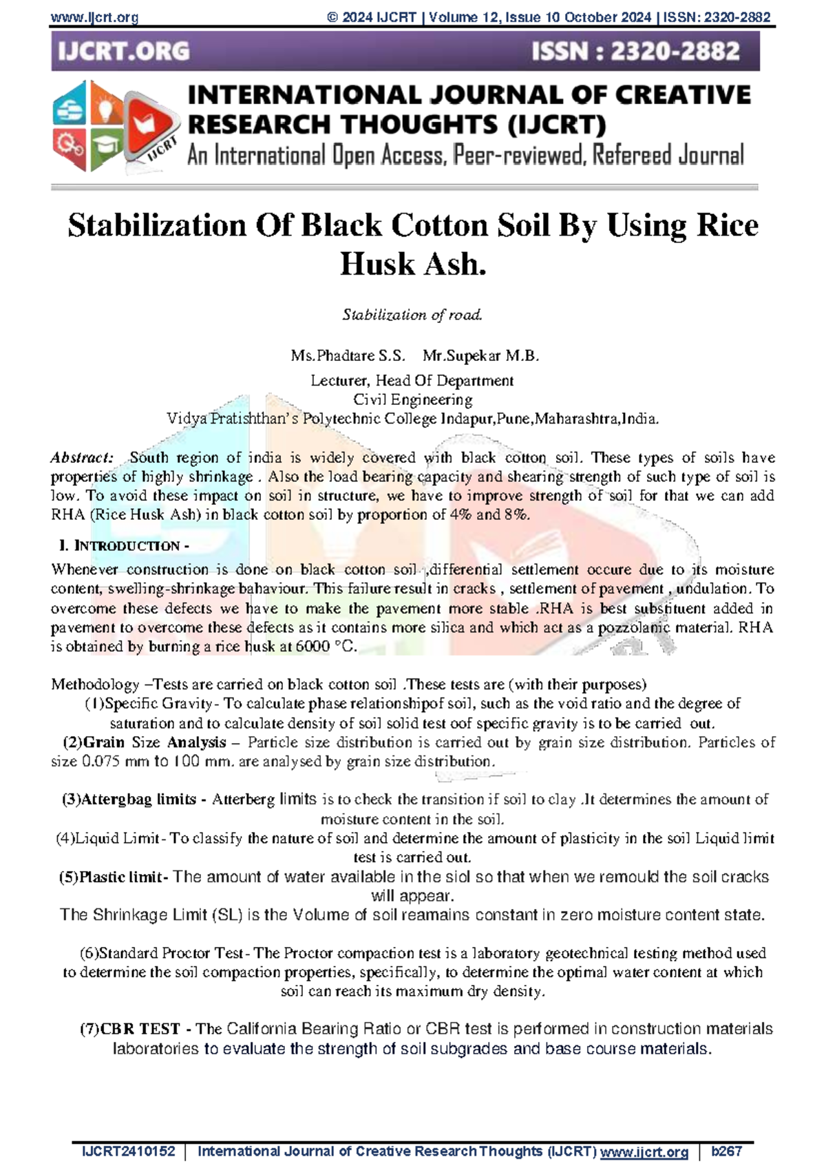 Stabilization of black cotton soil using rice husk ash: IJCRT2410152 ...