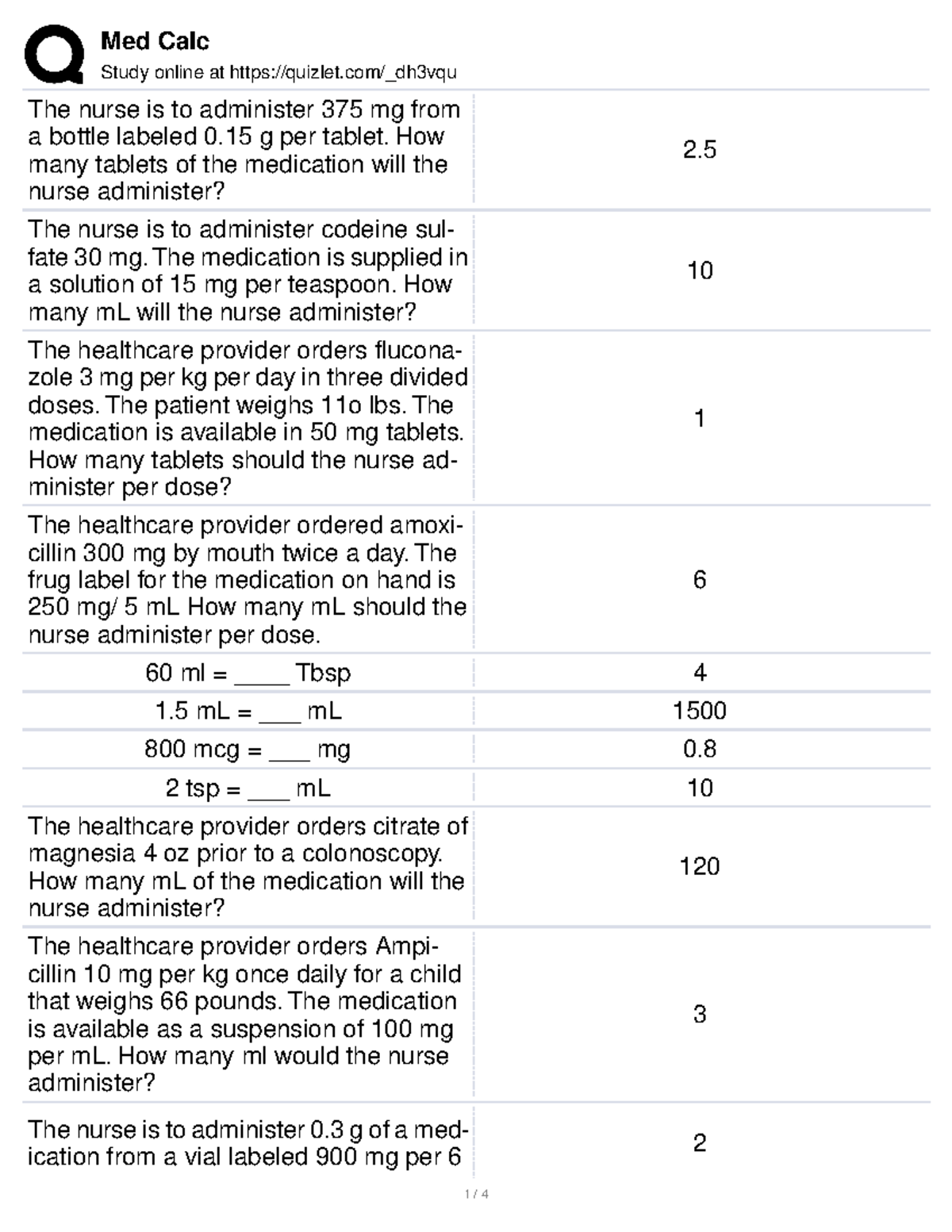 Dosage Exam 1 - Med Math Review for Exam 2 - Studocu