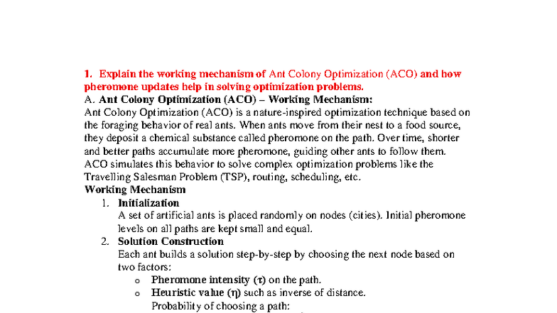 NIC MID II IMP Answers: Ant Colony Optimization & Swarm Robotics - Studocu