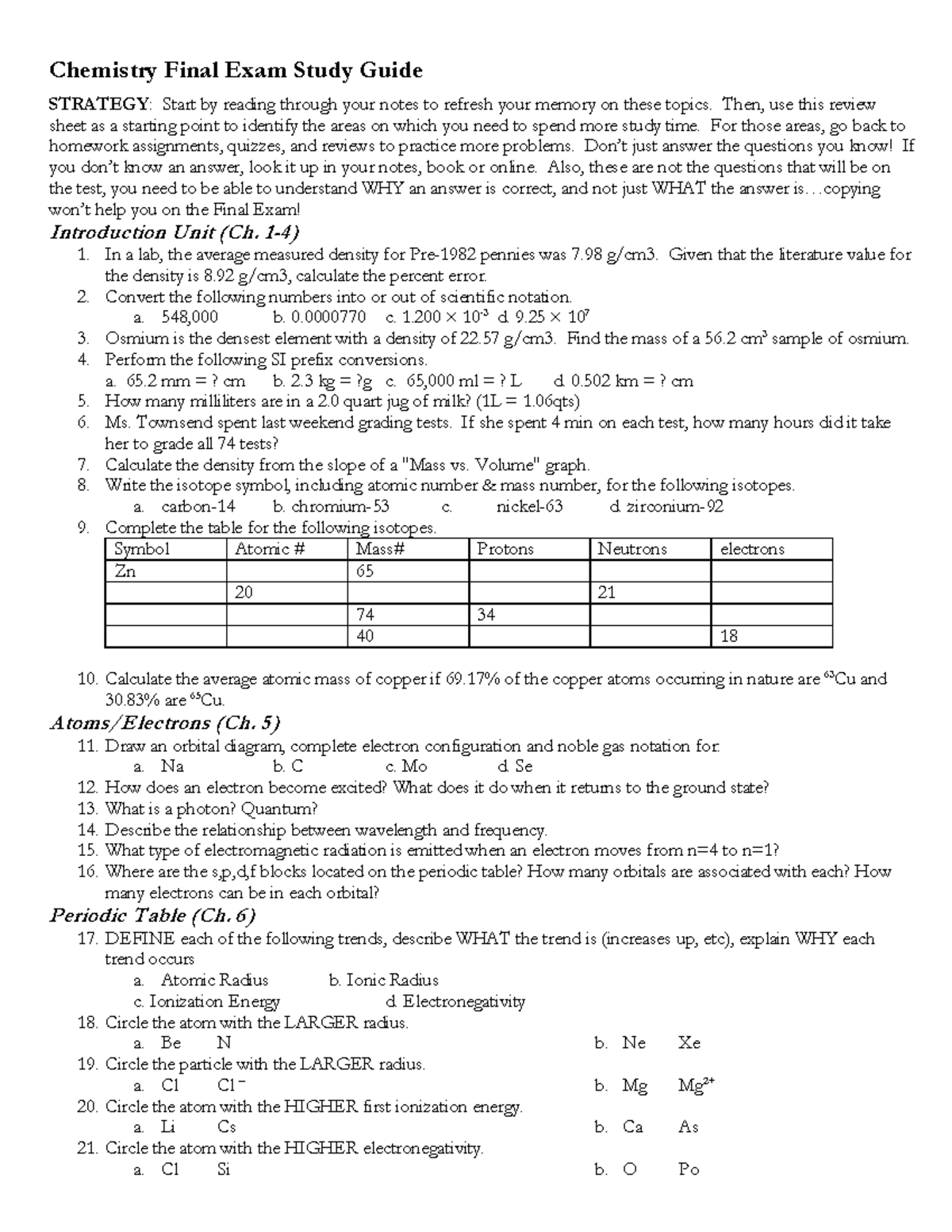 Chemistry Final Exam Study Guide (Course Code: CHM101) - Chemistry ...