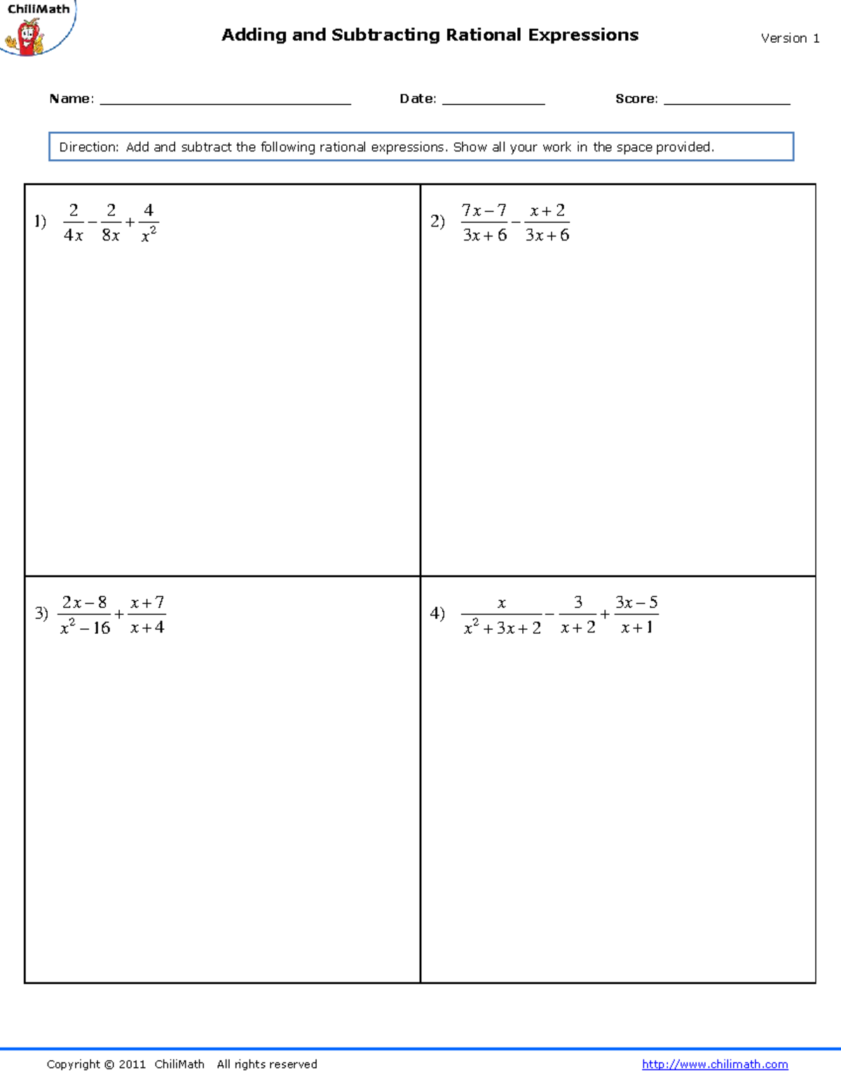 Worksheets adding and subtracting rational expressions version 1 ...
