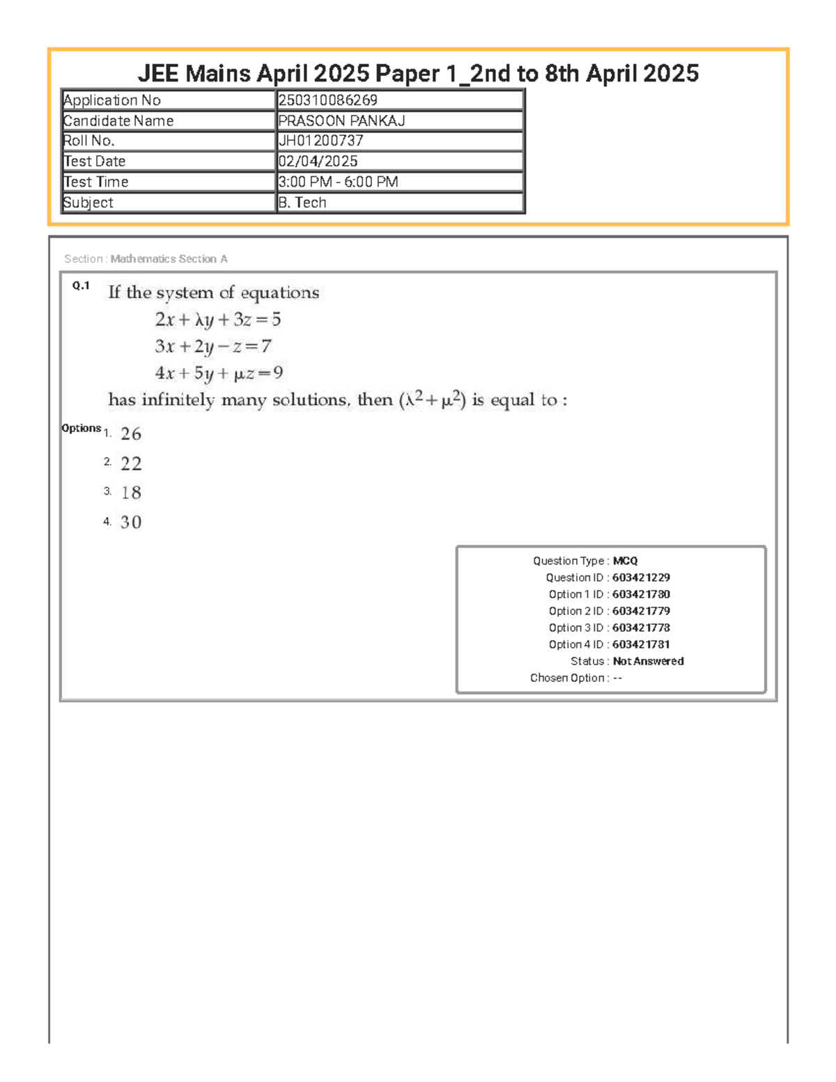 JEE Mains April 2025 - B.Tech Math Assessment (Exam Type MCQ) - Studocu