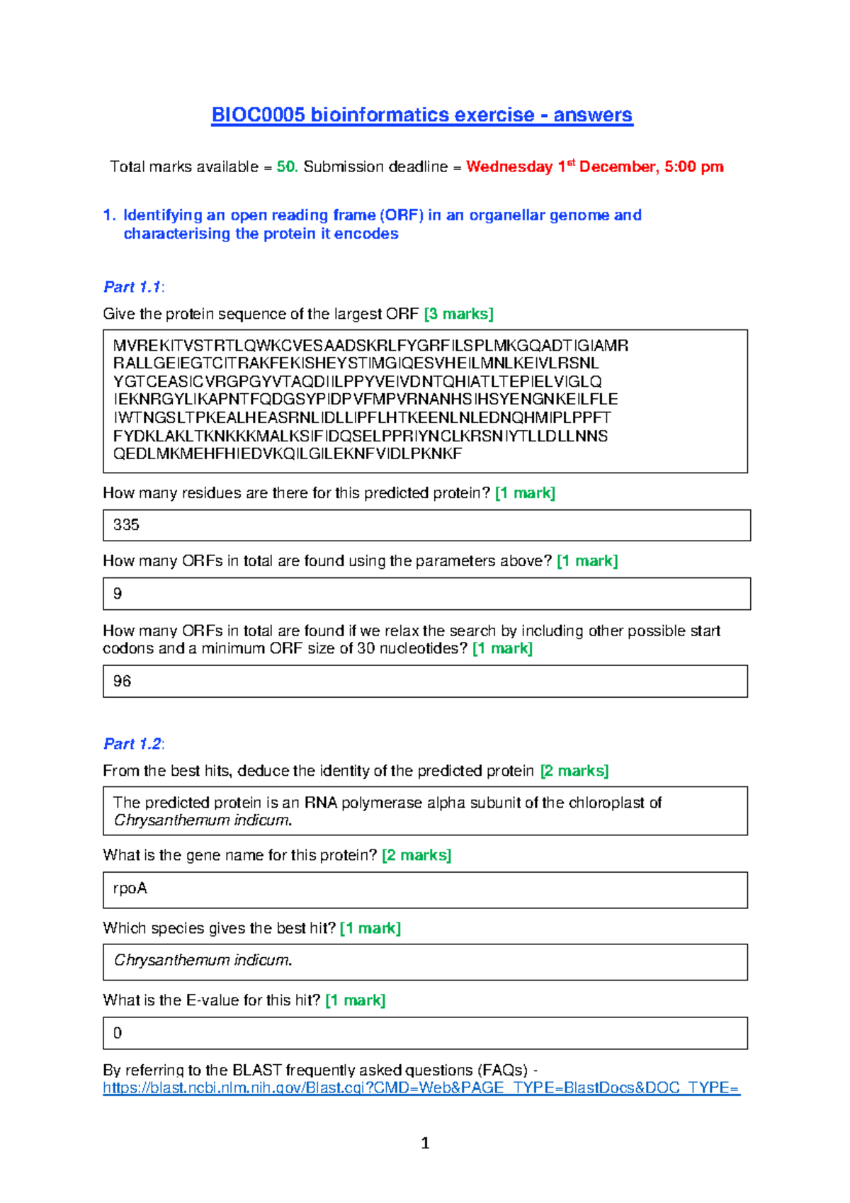 Bioinformatics Exercise Answers - BIOC0005 Final Exam - Studocu