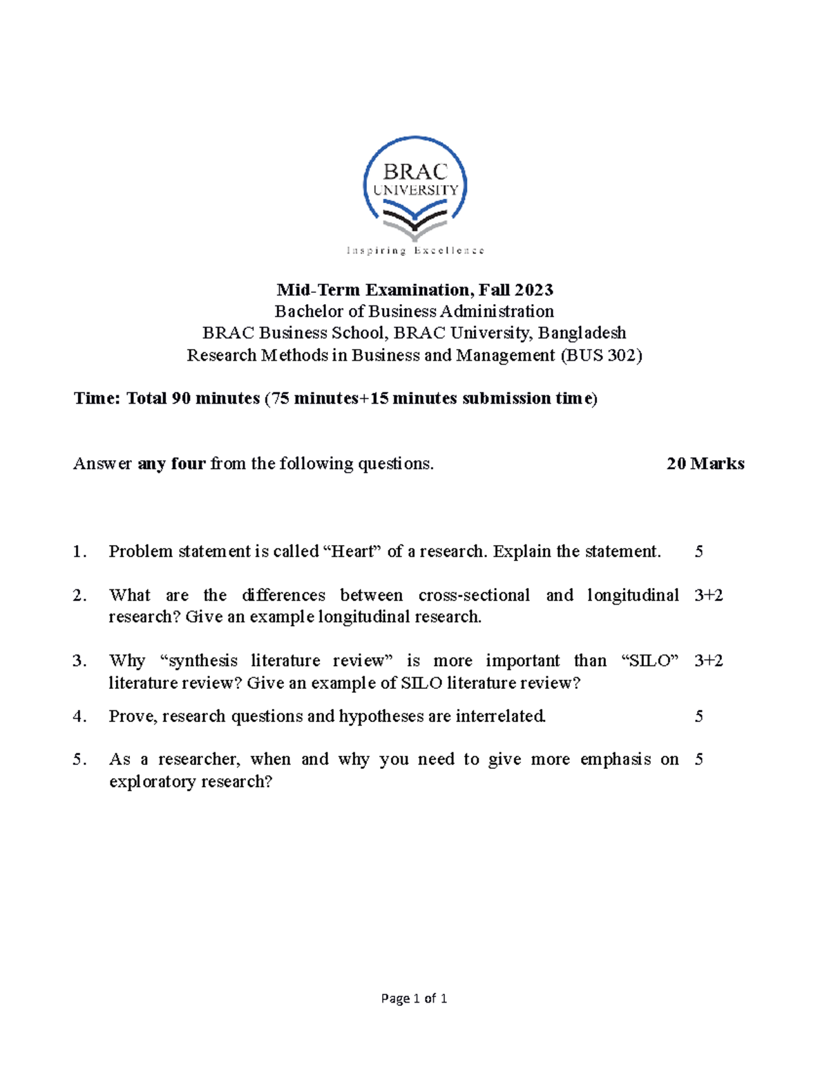 BUS 302 mid question (Fall 2023) - Mid-Term Examination, Fall 2023 ...