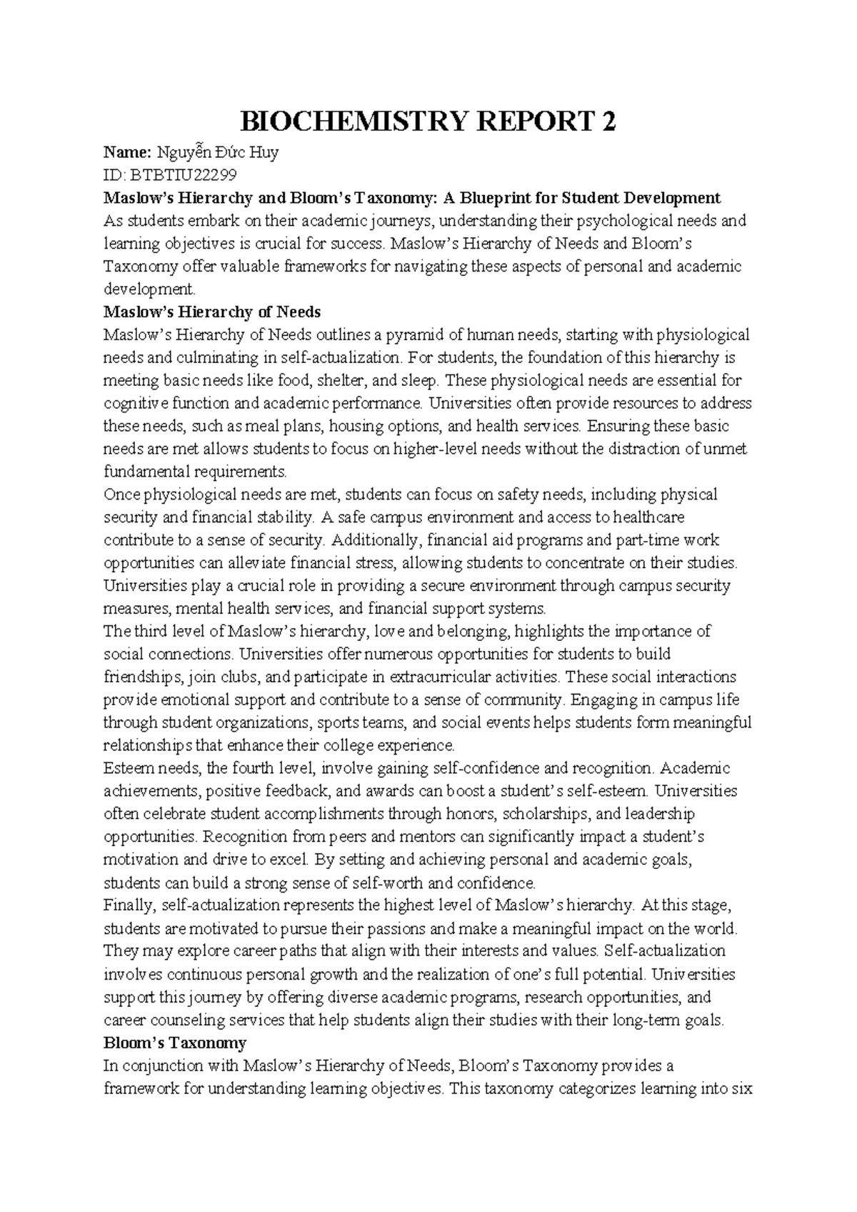 [Biochem] - Nguyễn Đức Huy - BTBTIU 22299 - Report on Needs & Learning ...