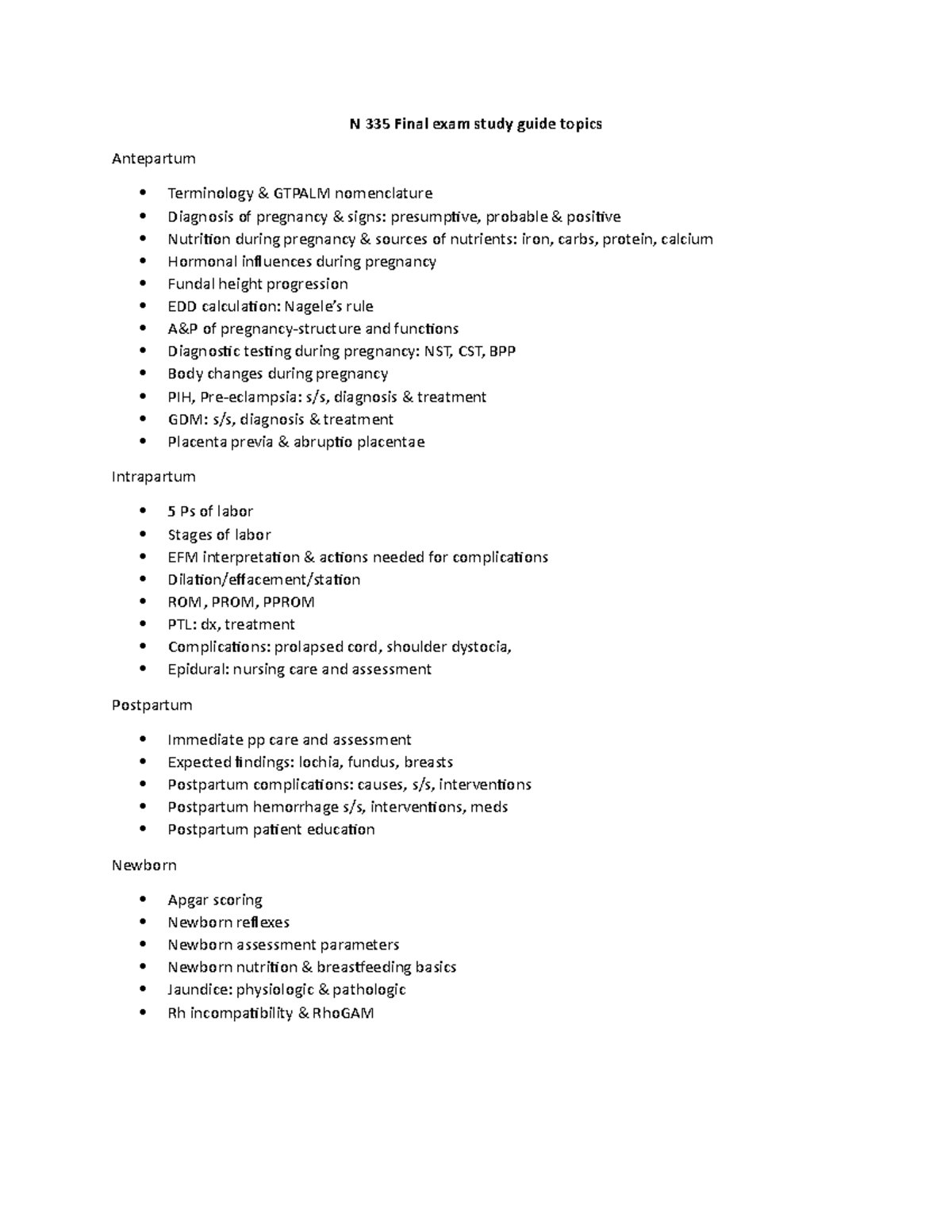 N 335 Final Exam Study Guide: Key Topics and Concepts - Studocu