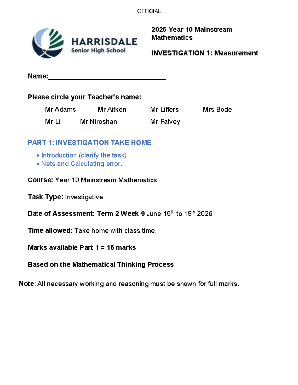 Year 10 Mainstream Maths Investigation 1: Measurement Task - Studocu