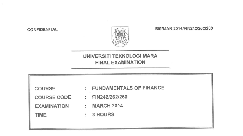 FIN242 Fundamentals of Finance Final Exam - March 2014 - Studocu