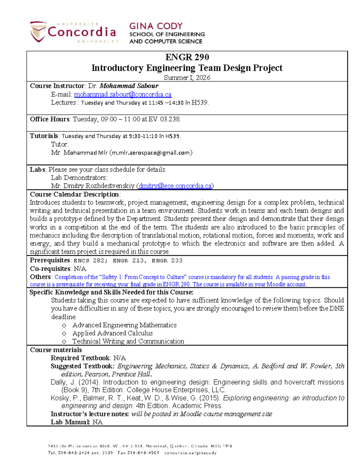 ENGR 290 Intro to Engineering Team Design Project Outline Summer I ...