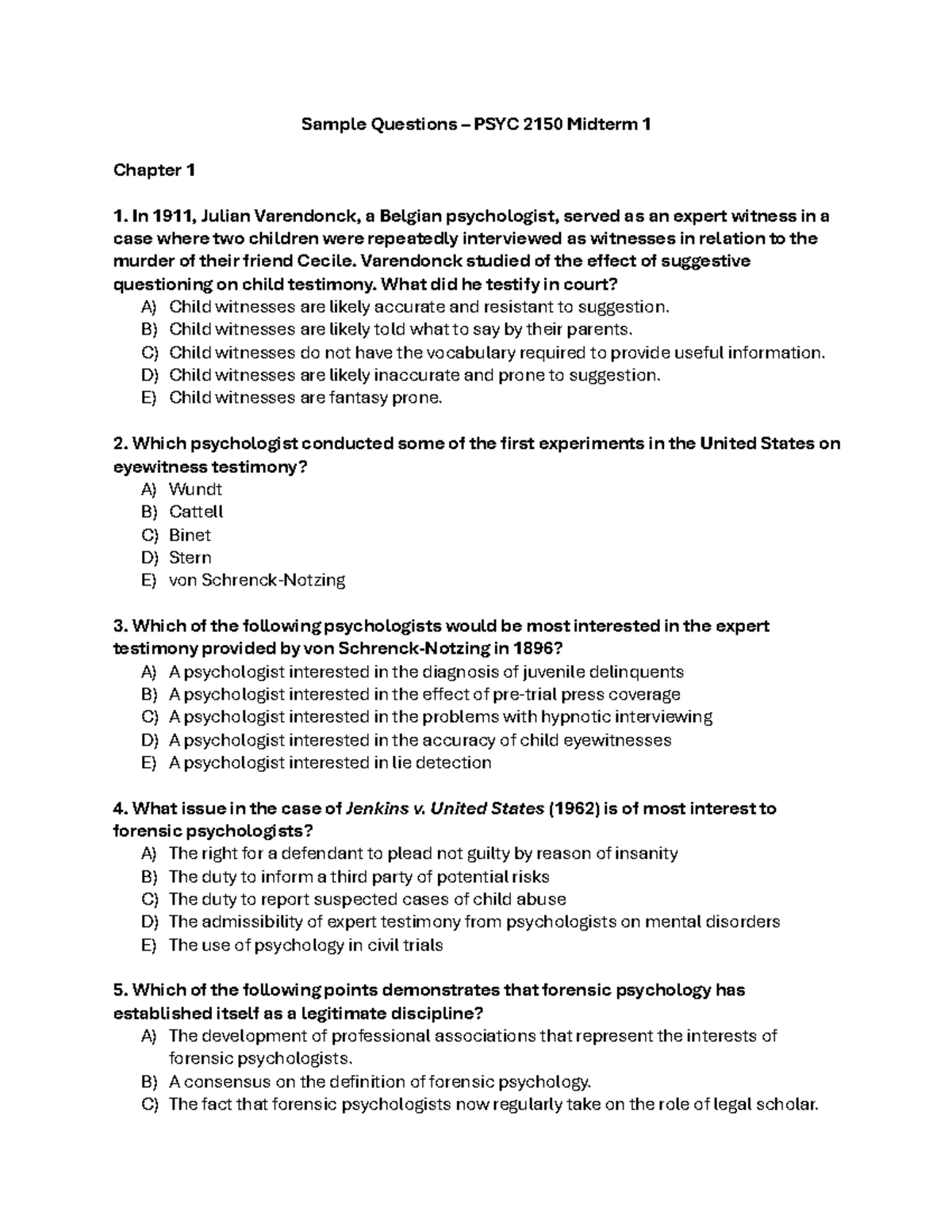 Midterm 1 Sample Questions for PSYC 2150: Forensic Psychology - Studocu